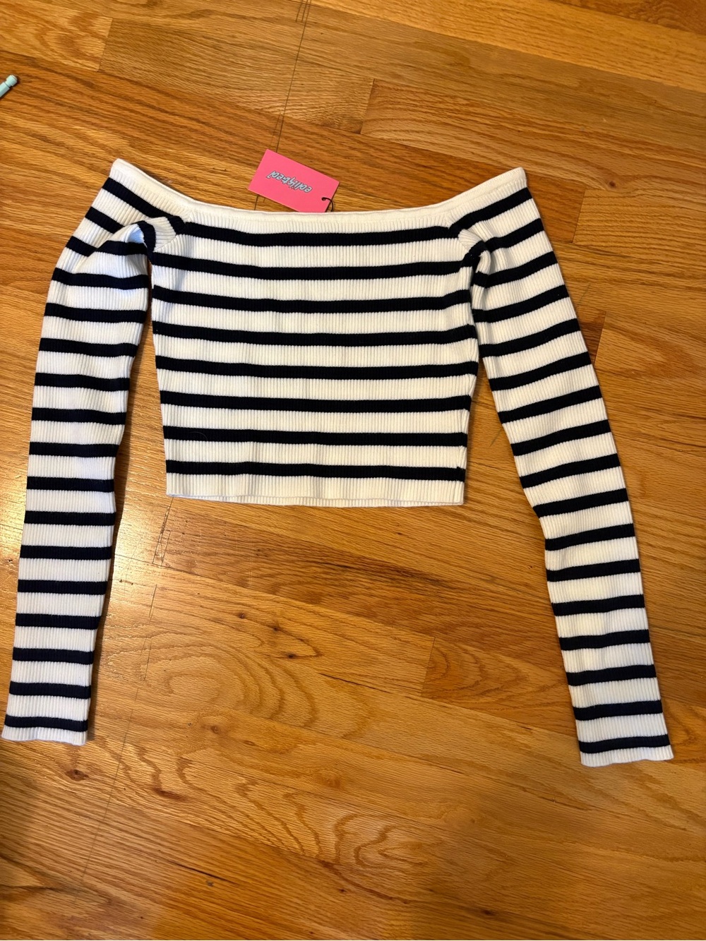 Edikted Black and White Striped Off-Shoulder Long Sleeve Crop Top